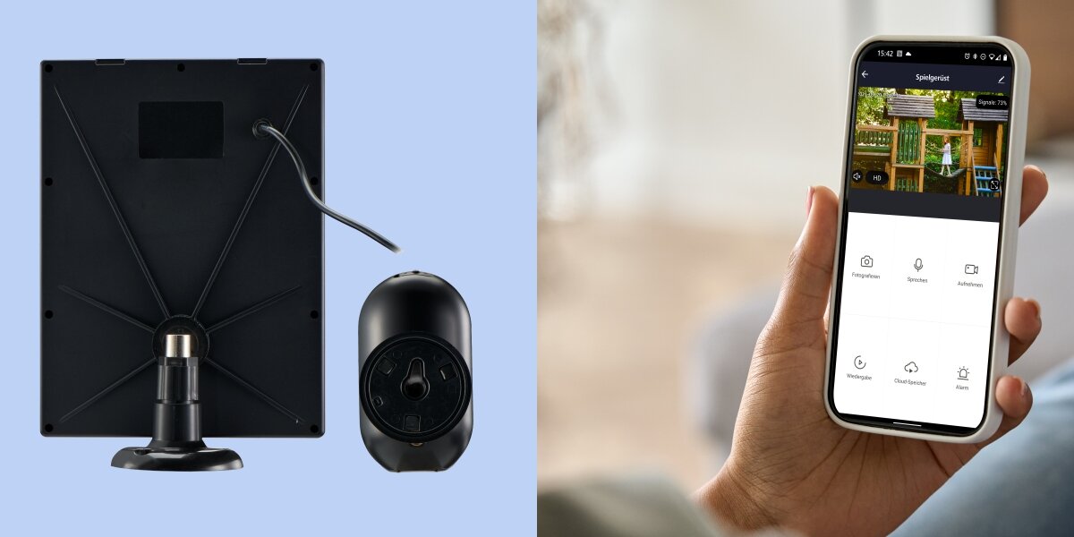 Kamera HAMA 176648 zewnętrzna Wi-Fi + Panel solarny Czarny, aplikacja, amazon, asystent, google, polecenia głosowe, na niebieskim tle panel z kamerą tyłem, obok dłoń trzyma telefon z włączoną aplikacją