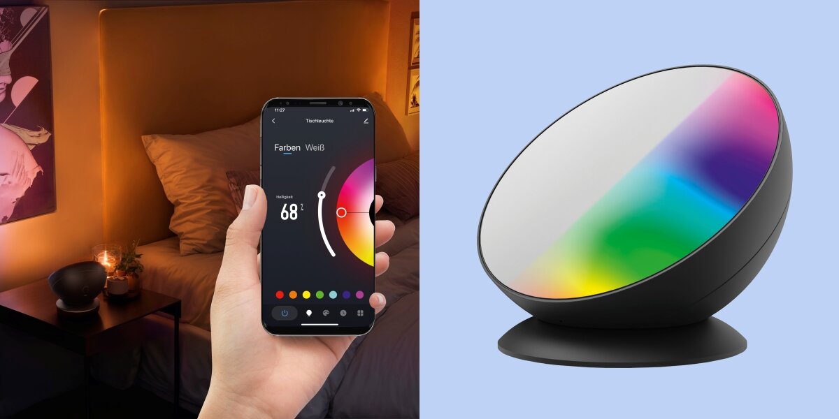 Lampa HAMA 176664 Wi-Fi Czarny, smart, aplikacja, dopsowanie, kolory, Na niebieskiem tle lampa, obok z lewej telefon w dłoni z włączoną aplikacją