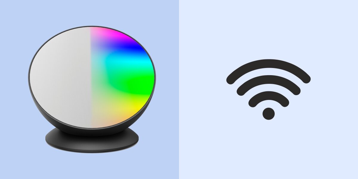 Lampa HAMA 176664 Wi-Fi Czarny, wifi, urządzenia, podłączanie, konfiguracja, na białym tle logo wifi, obok z lewej lampa frontem z opcją kolorów