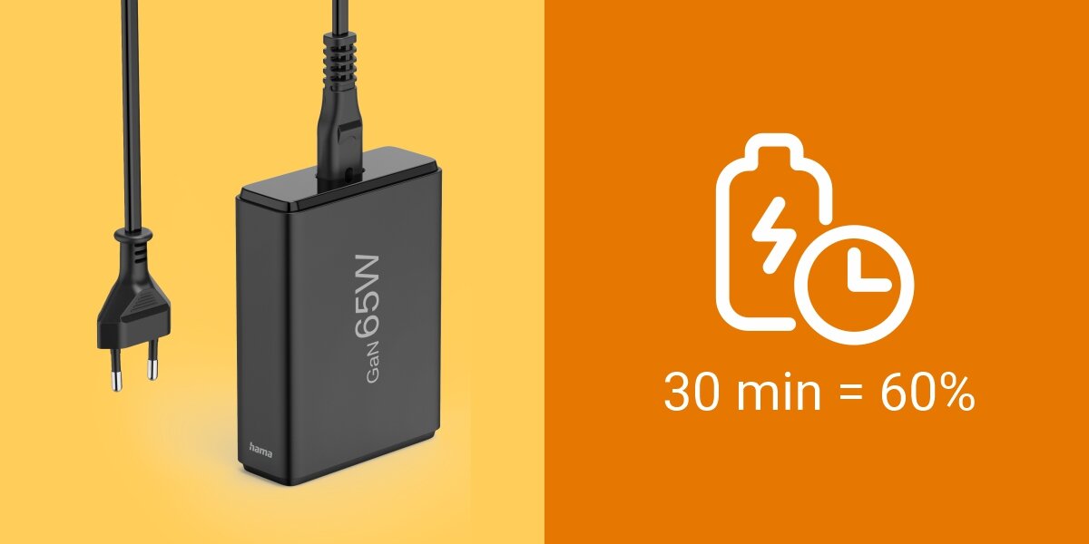 Ładowarka sieciowa HAMA 201979 65W Czarny, Power Delivery i Quick Charge, Pokazanie stacji od góry z prezentacją portów, z lewej stacja i końcówka wtyczki
