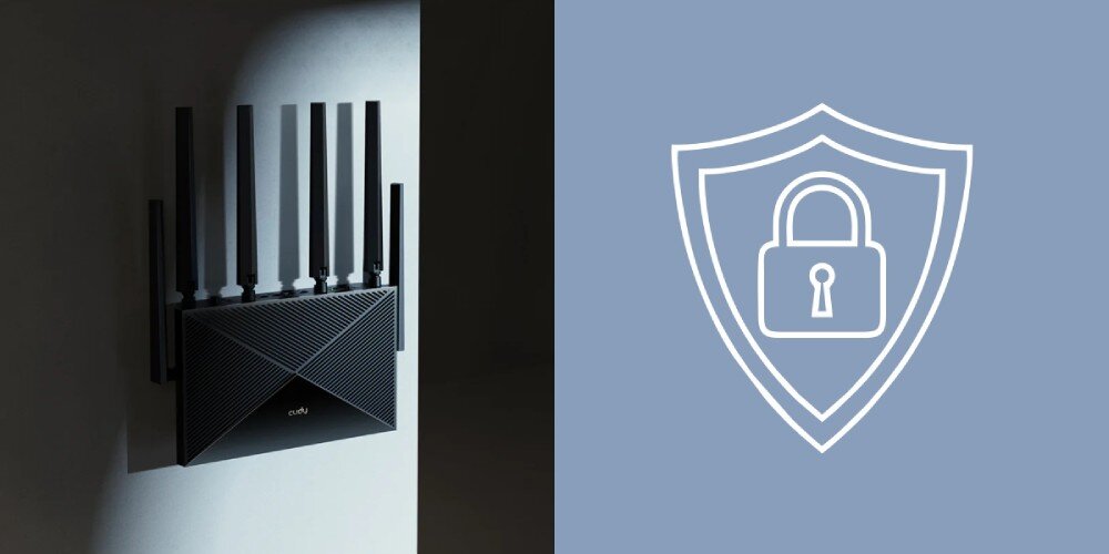 Router CUDY BE6500 Po lewej stronie router zawieszony pionowo na ścianie, po prawej grafika tarczy z symbolem kłódki, kontrola rodzicielska, dostęp do sieci, funkcje