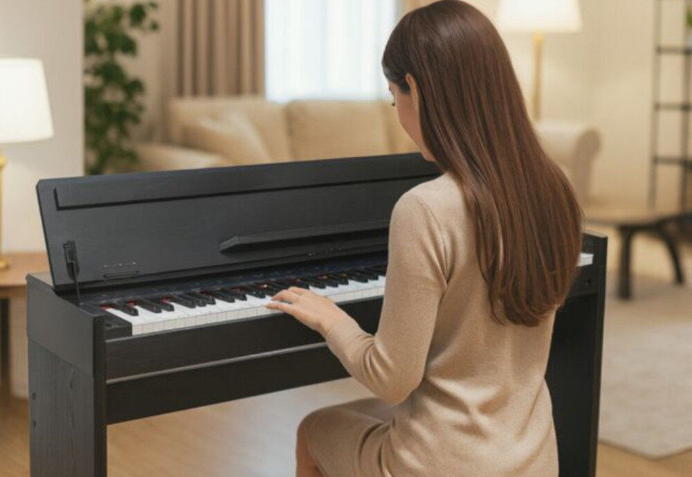 V-TONE DP-88 BK przenośne pianino cyfrowe z wbudowanymi głośnikami i statywem, osoba siedząca przy pianinie w pomieszczeniu