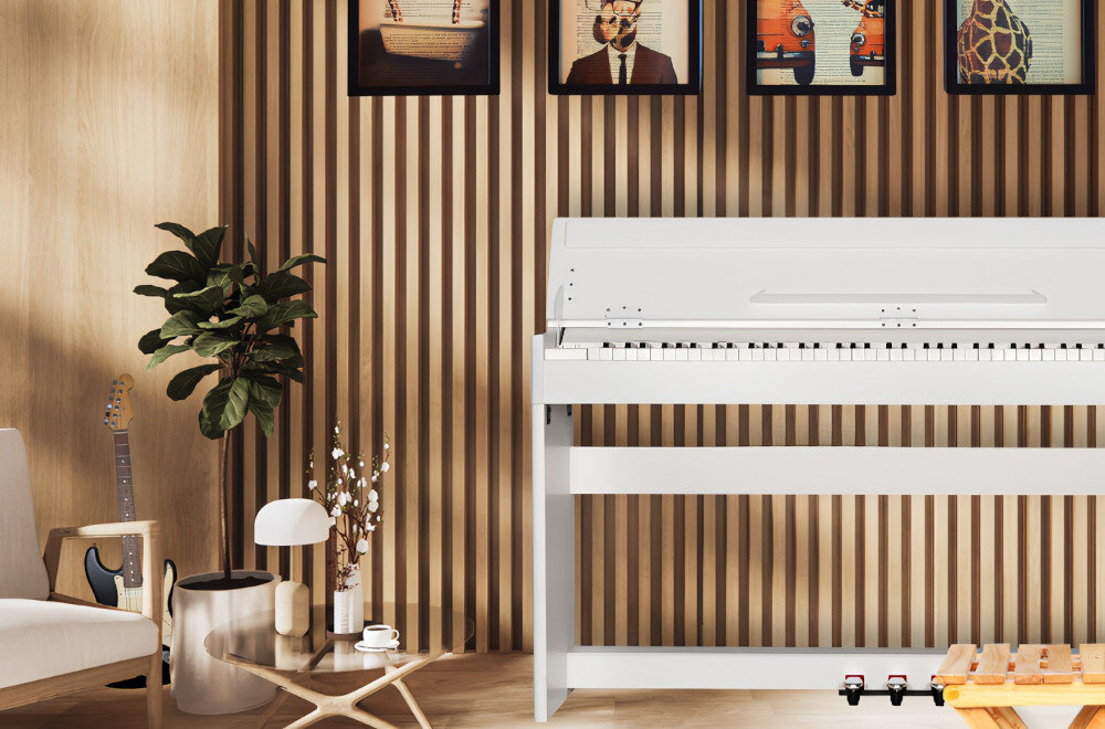 V-TONE DP-88 BK 88-klawiszowa klawiatura młoteczkowa 64-głosowa polifonia, pianino od frontu stojące w pomieszczeniu