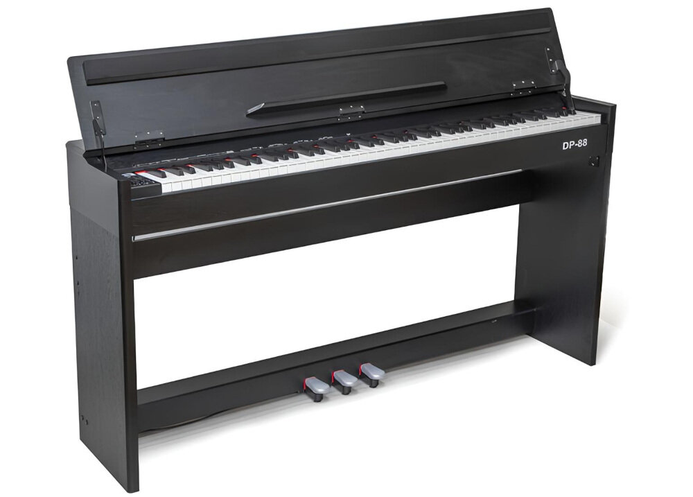 V-TONE DP-88 BK złącza audio MIDI USB pedały ekspresji, pianino po skosie na białym tle