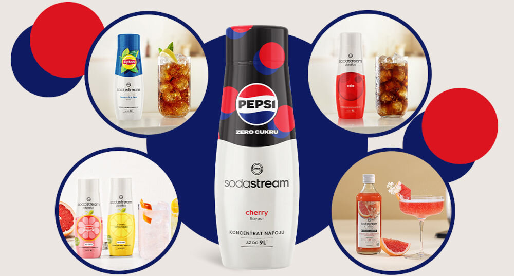 Syrop do saturatorów SODASTREAM Pepsi Max Cherry Zero Cukru 440 ml jasne tło butelka biało czarna elementy czerwonego i niebieskiego w okienkach różne edycje smakowe i różne butelki na domowy relaks podana z lodem chwila przyjemności na spotkanie z przyjaciółmi dodanie plasterków cytryny kilka świeżych wiśni wersja z pomarańczą i rozmarynem wspólne chwile na orzeźwienie w plenerze połączenie z sokiem z granatu i szczyptą pieprzu syczuańskiego ciesz się smakiem  