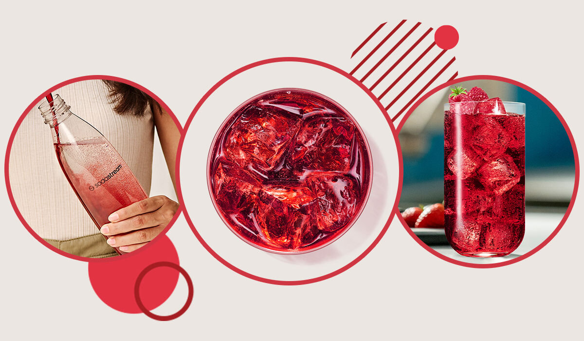 Syrop do saturatorów SODASTREAM Malina 440 ml bez cukru w butelce z kostkami lodu w szklance do 9 litrów napoju gotowe w 3 krokach kontrola intensywności smaku kontrola nagazowania