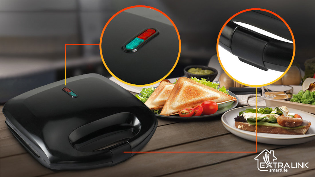 Opiekacz EXTRALINK SJ-22 Szybkość przygotowania nagrzewa się w krótkim czasie moc wygodne rozwiązanie w kilka minut Izolowany uchwyt kontrolki sygnalizują moment gotowości antypoślizgowe nóżki