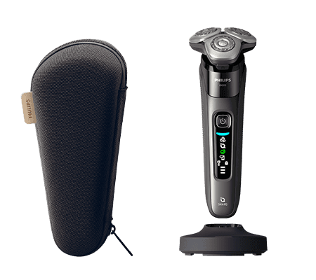 Golarka z akcesoriami - etui i podstawką ładującą.