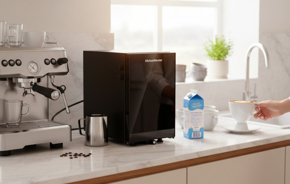 Chłodziarka do mleka KITCHENMASTER BC 9 N Czarny do zastosowania z ekspresami spieniającymi mleko poprzez rurkę zdjęcie lifestyle Zajmuje niewiele miejsca Zabezpieczona zawartość Drzwi zamykane na kluczyk chłodziarka stoi ukosem zamknięta na blacie