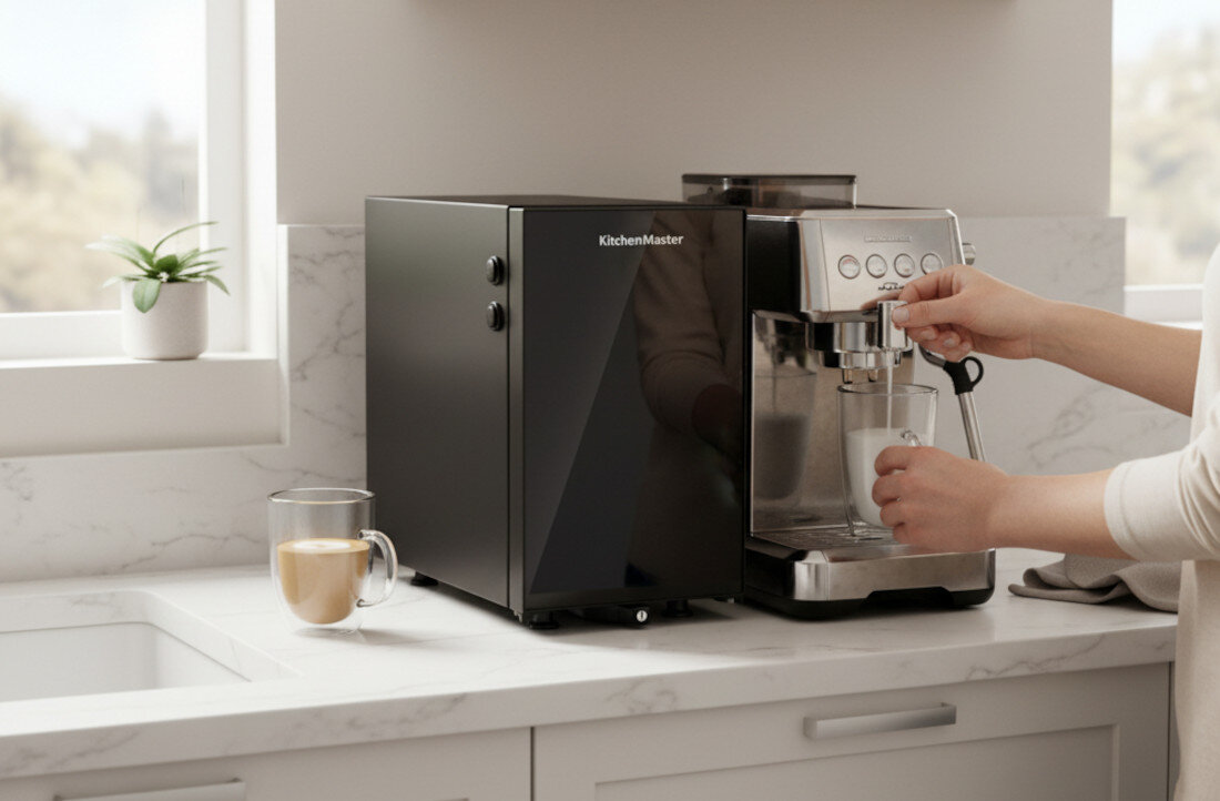 Chłodziarka do mleka KITCHENMASTER BC 9 N Czarny do zastosowania z ekspresami spieniającymi mleko poprzez rurkę zdjęcie lifestyle Mleko zawsze schłodzone Temperatura od 0°C do 4°C chłodziarka stoi ukosem obok ekspresu na kuchennym blacie
