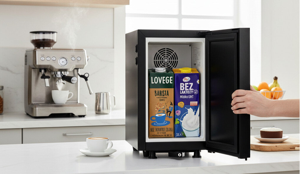 Chłodziarka do mleka KITCHENMASTER BC 9 N Czarny do zastosowania z ekspresami spieniającymi mleko poprzez rurkę zdjęcie lifestyle 9 litrów pojemności chłodziarka stoi na blacie z tyłu stoi ekspres chłodziarka jest otwarta ręka trzyma drzwi chłodziarki