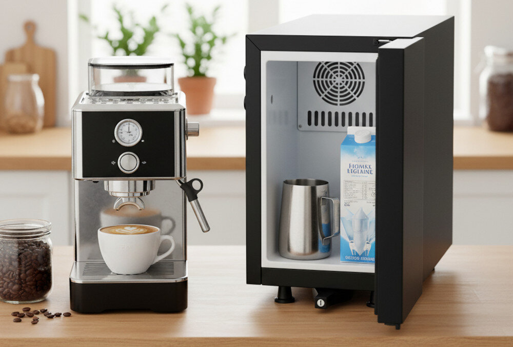 Chłodziarka do mleka KITCHENMASTER BC 9 N Czarny do zastosowania z ekspresami spieniającymi mleko poprzez rurkę zdjęcie lifestyle Wygodne podłączenie ekspresu ekspres i chłodziarka stoją obok siebie na kuchennym blacie