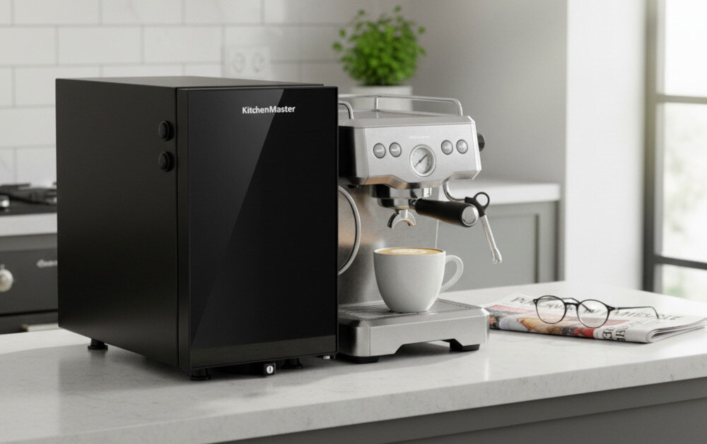 Chłodziarka do mleka KITCHENMASTER BC 9 N Czarny do zastosowania z ekspresami spieniającymi mleko poprzez rurkę zdjęcie lifestyle Bez ręcznego rozmrażania System No-Frost pielęgnacja zamknięta chłodziarka stoi na blacie obok ekspresu