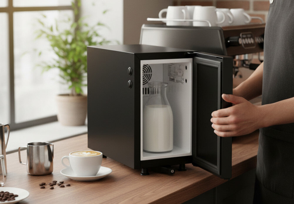 Chłodziarka do mleka KITCHENMASTER BC 9 N Czarny do zastosowania z ekspresami spieniającymi mleko poprzez rurkę zdjęcie lifestyle Chłodziarka ustawiona obok ekspresu latte czy cappuccino obok stoi osoba która trzyma otwarte drzwi chłodziarki