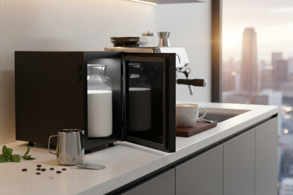 Chłodziarka do mleka KITCHENMASTER BC 9 N Czarny do zastosowania z ekspresami spieniającymi mleko poprzez rurkę zdjęcie lifestyle Oświetlenie LED otwarta chłodziarka na blacie kuchennym widoczne oświetlenie otwarta chłodziarka