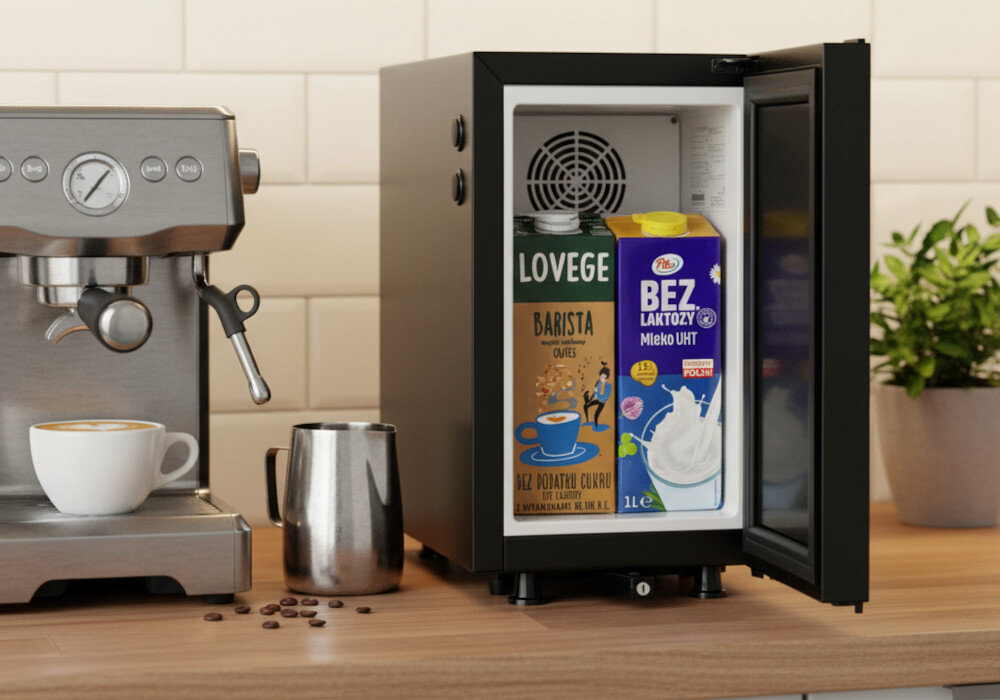 Chłodziarka do mleka KITCHENMASTER BC 9 N Czarny do zastosowania z ekspresami spieniającymi mleko poprzez rurkę zdjęcie lifestyle Zajmuje niewiele miejsca wymiary waga otwarta chłodziarka stoi na blacie obok ekspresu