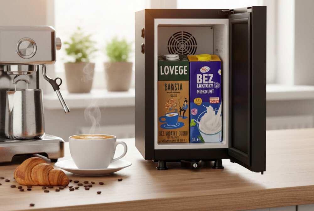 Chłodziarka do mleka KITCHENMASTER BC 9 N Czarny do zastosowania z ekspresami spieniającymi mleko poprzez rurkę zdjęcie lifestyle Zajmuje niewiele miejsca Do domu i biura otwarta chłodziarka z mlekiem w środku obok stoi ekspres kawa i rogal na regale rozsypane ziarna kawy