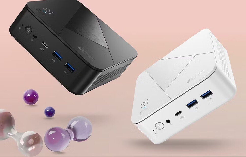 Komputer ACER Revo Box RB102-13U Dwa mini komputery, czarny i biały, unoszące się na tle w odcieniach różu z kilkoma fioletowymi kulkami w dolnej części obrazu, pamięć RAM, dysk, pojemność