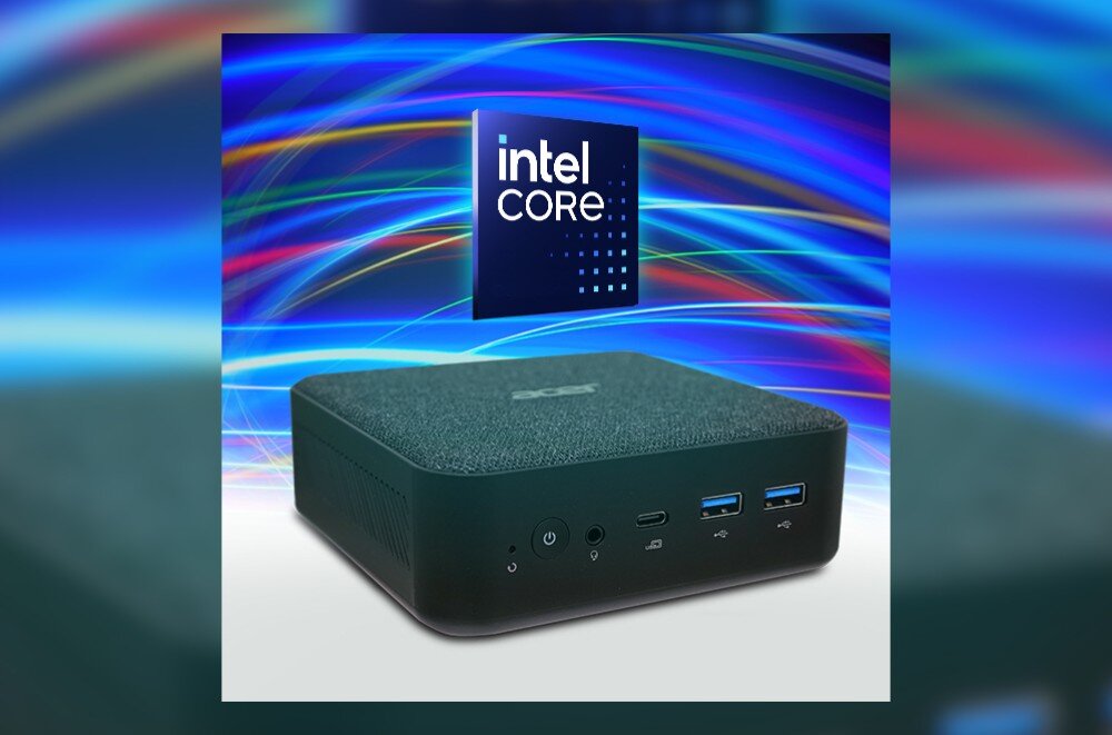 Komputer ACER Revo Box RB102-13U Biały mini komputer widziany z góry na tle z niebieskimi świetlnymi wzorami, z wizualizacją układu scalonego z napisem 'CPU' umieszczonego na jego górnej powierzchni, podzespoły, procesor, wydajność