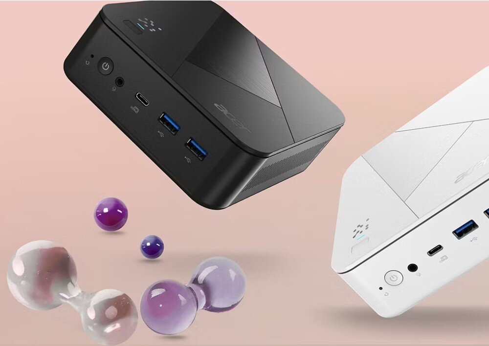 Komputer ACER Revo Box RB102-13U Dwa mini komputery, czarny i biały, unoszące się na tle w odcieniach różu z kilkoma fioletowymi kulkami w dolnej części obrazu, pamięć RAM, dysk, pojemność