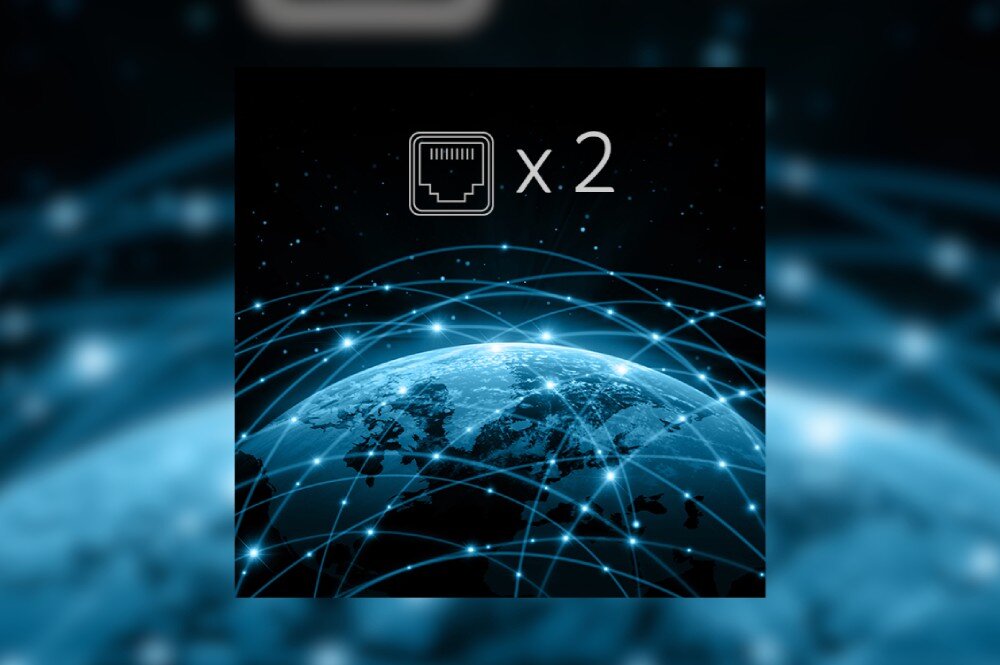 Komputer ACER Revo Box RB102-13U Grafika przedstawiająca kulę ziemską otoczoną niebieską siecią połączeń z symbolem dwóch portów sieciowych i napisem 'x2' umieszczonym u góry, łączność Wi-Fi, porty, podłączenie