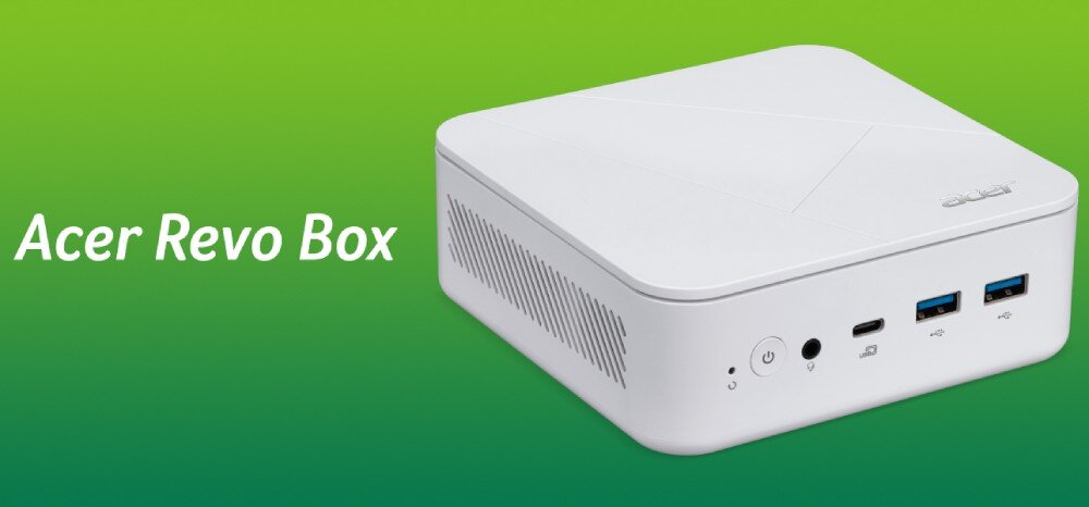 Komputer ACER Revo Box RB102-14U Biały mini komputer o kwadratowej obudowie z zaokrąglonymi krawędziami ustawiony na zielonym tle z napisem 'Acer Revo Box' po lewej stronie, opis