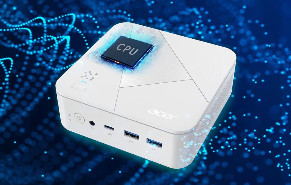Komputer ACER Revo Box RB102-14U Biały mini komputer widziany z góry na tle z niebieskimi świetlnymi wzorami, z wizualizacją układu scalonego z napisem 'CPU' umieszczonego na jego górnej powierzchni, podzespoły, procesor, wydajność