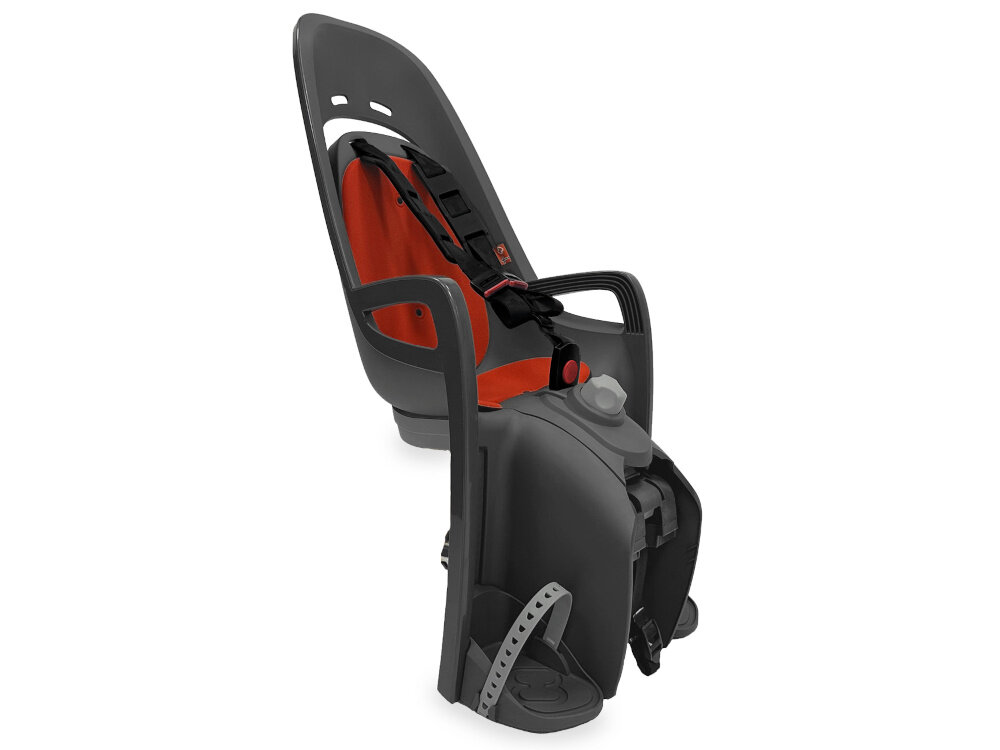 Fotelik rowerowy HAMAX Zenith Relax Relax Adapter Szaro-czerwony fotelik na białym tle widoczny od przodu pod skosem aktywna jazda rowerowa z małymi dziećmi wysokie standardy bezpieczeństwa komfort podróżowania dla dzieci od 9 miesiąca życia