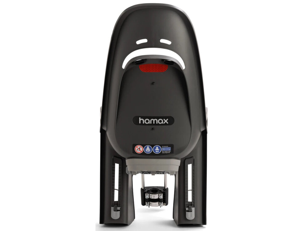 Fotelik rowerowy HAMAX Zenith Relax Relax Adapter Szaro-czarny fotelik na białym tle widoczny od tyłu z wysokiej jakości tworzyw sztucznych odporność na uszkodzenia mechaniczne i zmienne warunki atmosferyczne materiały wolne od substancji szkodliwych dla dzieci i środowiska bezpieczny