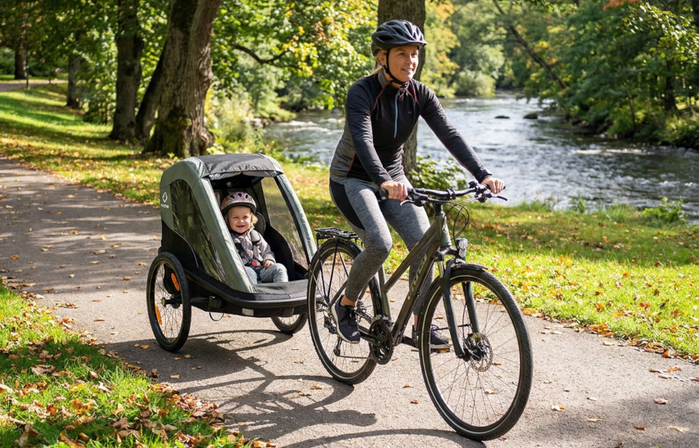 Osoba na rowerze ciągnie przyczepkę rowerową z dzieckiem, jadąc ścieżką w parku obok rzeki. Przyczepka jest oliwkowa z widocznymi pasami bezpieczeństwa.