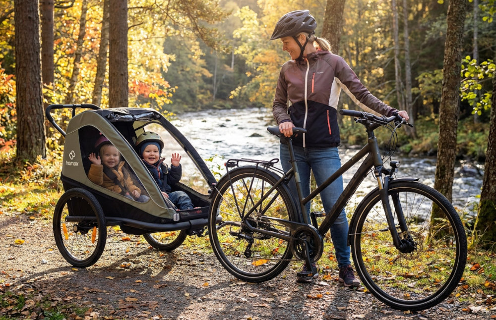 Przyczepka rowerowa HAMAX Traveller Twin Khaki-czarny ulica osoba stoi przy rowerze obraca się na dziecko siedzące w przyczepce wycieczka rowerowa przewożenie dzieci bezpieczeństwo wygoda