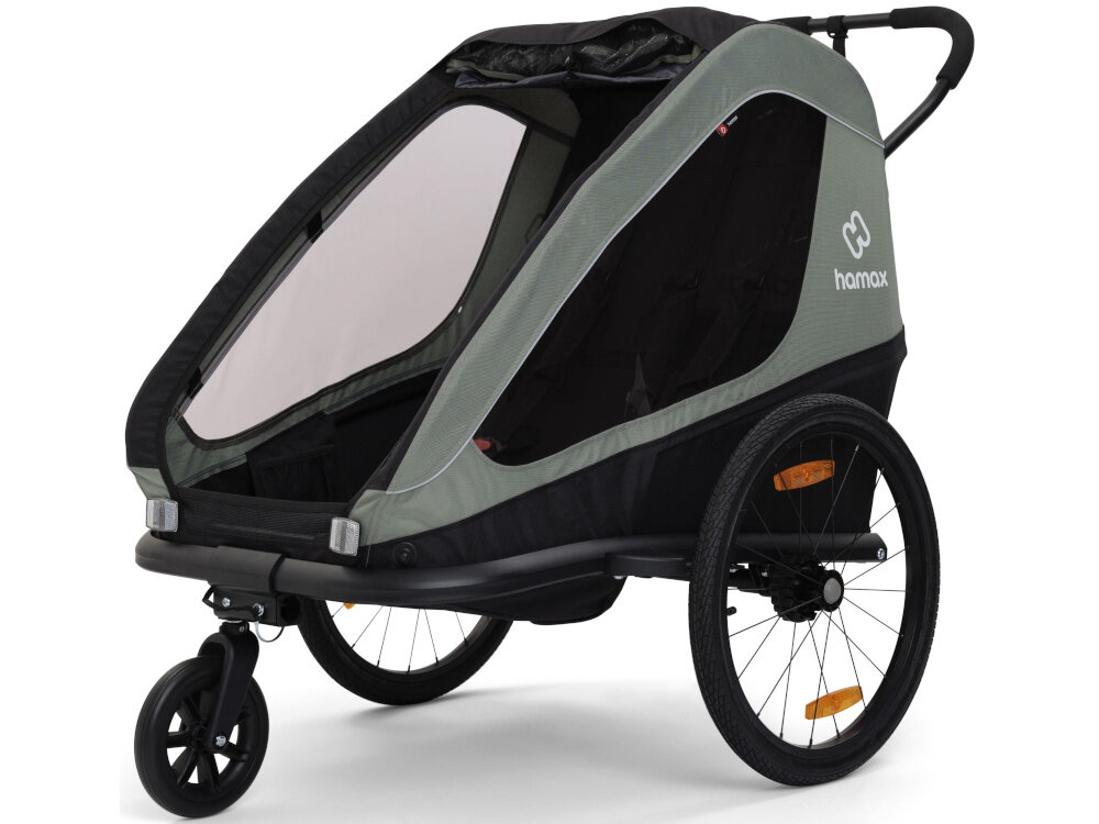 Przyczepka rowerowa HAMAX Traveller Twin Khaki-czarny przyczepka na białym tle widoczna od przodu pod skosem dla dwojga dzieci miejsce na bagaż wózek spacerowy