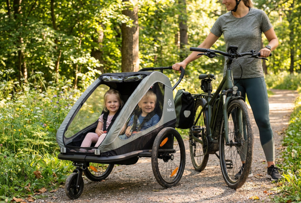 Przyczepka rowerowa HAMAX Traveller Twin Khaki-czarny park osoba spaceruje z przyczepką przyczepkę można zmienić w wózek spacerowy kołem spacerowym Regulowana rączka do pchania Nożny hamulec postojowy przyczepkę HAMAX Traveller Twin