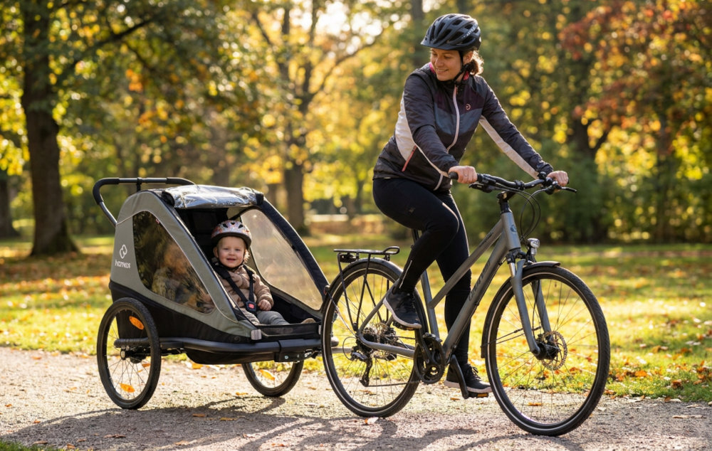 Przyczepka rowerowa HAMAX Traveller Twin Khaki-czarny droga osoba jedzie na rowerze obraca się w stronę dziecka siedzącego w przyczepce zatwierdzona zgodnie z normami EN 15918 i EN 1888 odblaski z przodu, z tyłu i po bokach materiał odblaskowy na bokach i tylnej części przyczepki do 24 km/h