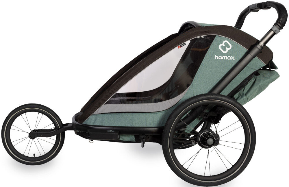 Przyczepka rowerowa HAMAX Cocoon One Zielono-czarny złożona przyczepka na białym tle Po złożeniu przyczepka ma wymiary 98 x 58 x 32 cm Wymiary pionowe wynoszą 115,5 x 70 x 96 cm