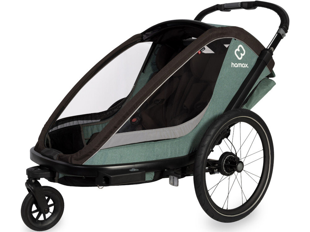 Przyczepka rowerowa HAMAX Cocoon One Zielono-czarny przyczepka na białym tle widoczna od przodu pod skosem regulowane zawieszenie płynniejszej podróży Duże, 20-calowe koło
