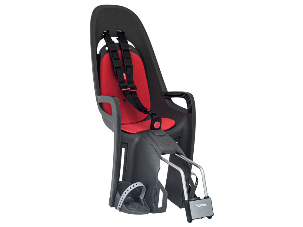 Fotelik rowerowy HAMAX Zenith Adapter Szaro-czerwony fotelik na białym tle widoczny od przodu pod skosem aktywna jazda rowerowa z małymi dziećmi wysokie standardy bezpieczeństwa komfort podróżowania dla dzieci od 9 miesiąca życia