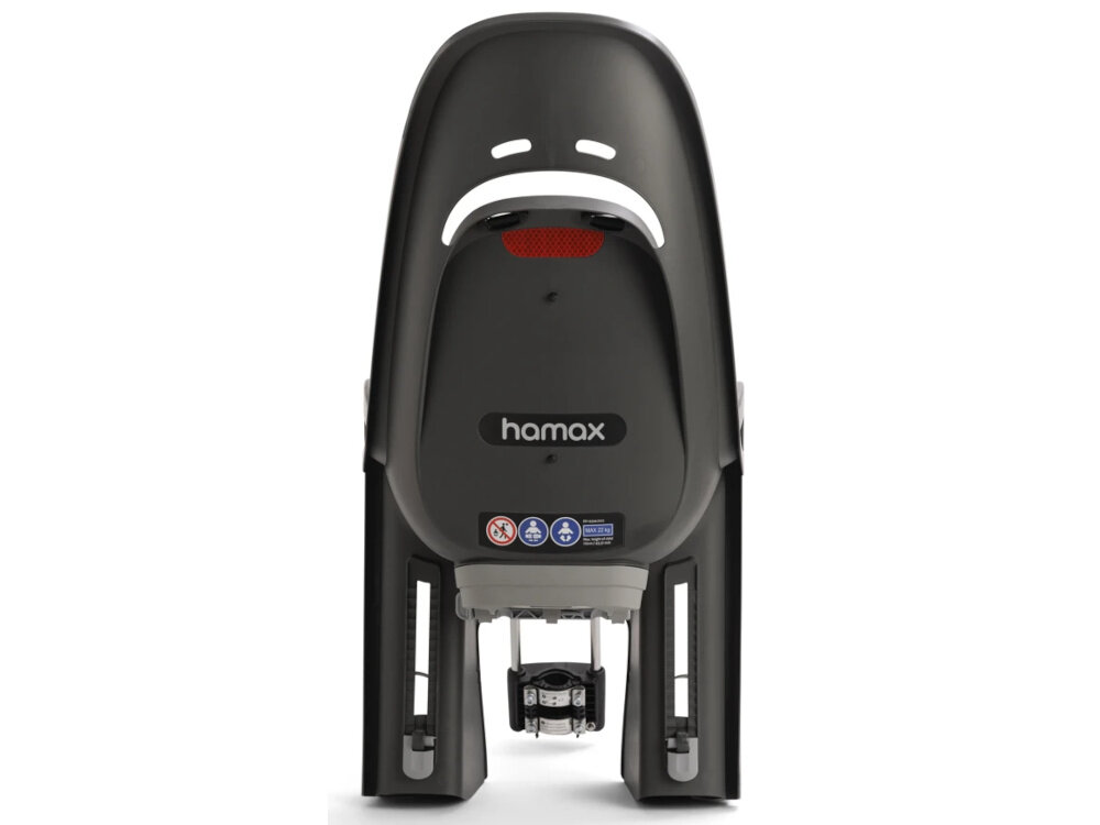 Fotelik rowerowy HAMAX Zenith Adapter Szaro-czerwony fotelik na białym tle widoczny od tyłu z wysokiej jakości tworzyw sztucznych odporność na uszkodzenia mechaniczne i zmienne warunki atmosferyczne materiały wolne od substancji szkodliwych dla dzieci i środowiska bezpieczny