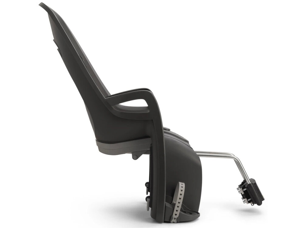 Fotelik rowerowy HAMAX Zenith Adapter Szaro-czarny fotelik na białym tle widoczny z boku fotelik montuje się bezpośrednio do rury podsiodłowej instalacja jest szybka i intuicyjna praktyczny adapter umożliwia montaż na rurach o średnicy 28–40 mm (okrągłych) wygodne dopasowanie fotelika do roweru