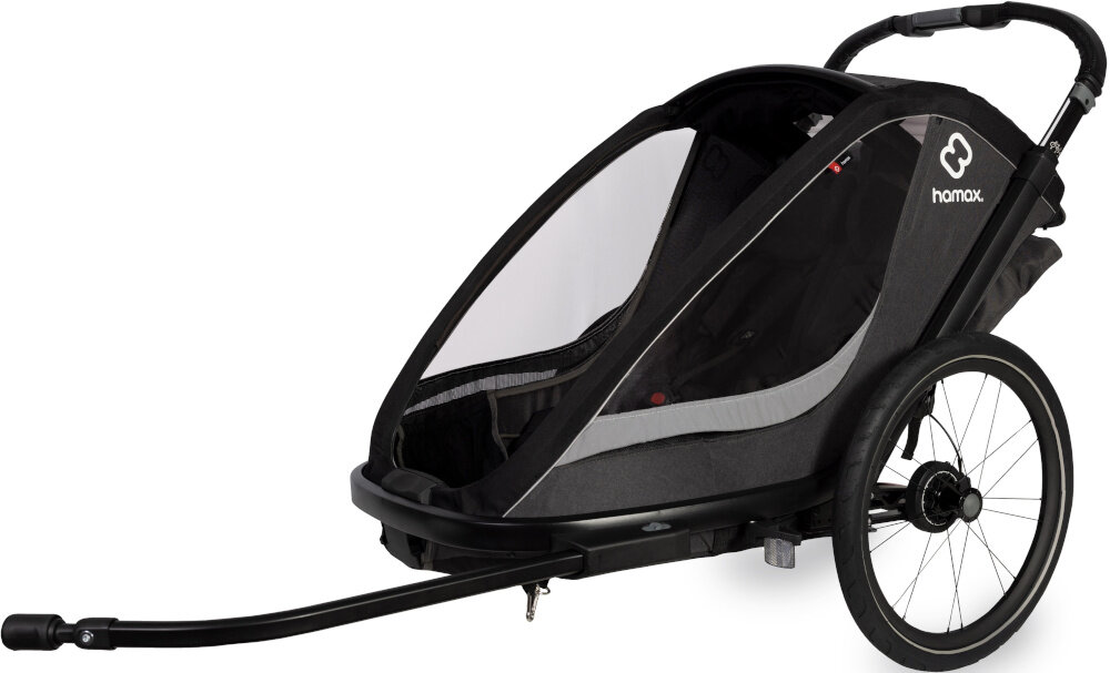 Przyczepka rowerowa HAMAX Cocoon Twin Szaro-czarny przyczepka z dyszlem na białym tle codzienne przemieszczanie się aktywnym wypoczynkiem funkcję przyczepki rowerowej spacerówki wózka do biegania sanek