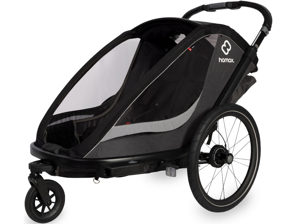 Przyczepka rowerowa HAMAX Cocoon Twin Szaro-czarny przyczepka na białym tle widoczna od przodu pod skosem regulowane zawieszenie płynniejszej podróży Duże, 20-calowe koło