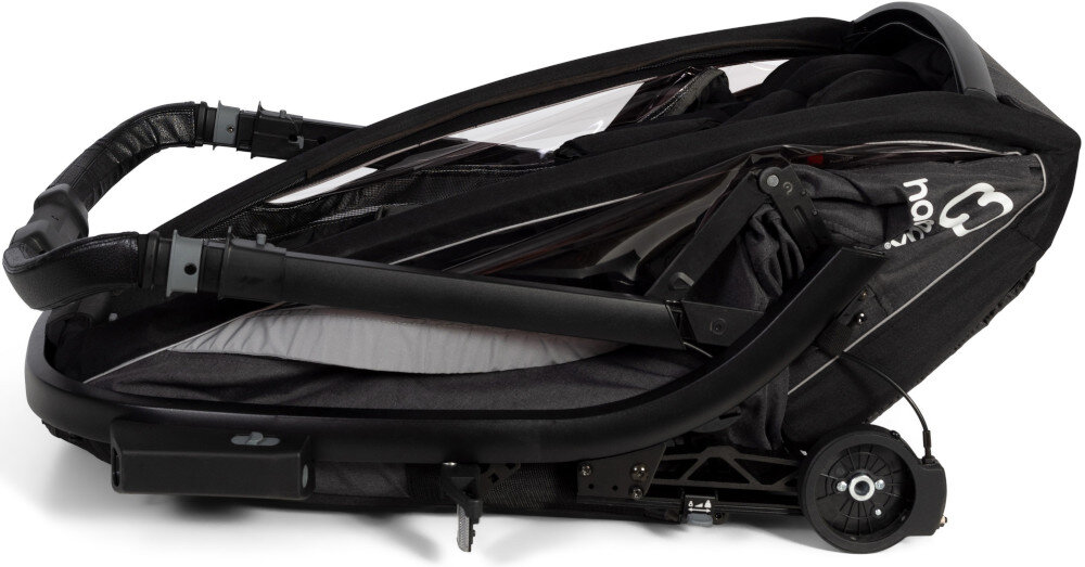 Przyczepka rowerowa HAMAX Cocoon One Szaro-czarny złożona przyczepka na białym tle Po złożeniu przyczepka ma wymiary 98 x 58 x 32 cm Wymiary pionowe wynoszą 115,5 x 70 x 96 cm