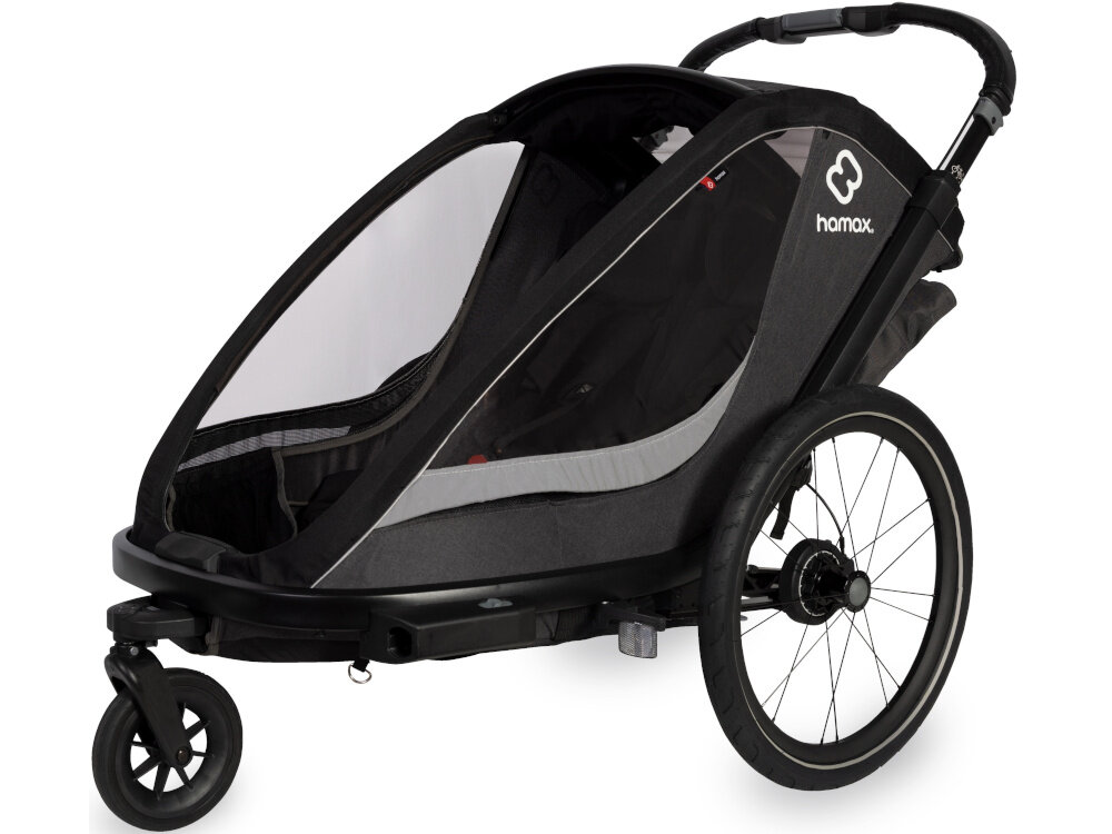 Przyczepka rowerowa HAMAX Cocoon One Szaro-czarny przyczepka na białym tle widoczna od przodu pod skosem regulowane zawieszenie płynniejszej podróży Duże, 20-calowe koło