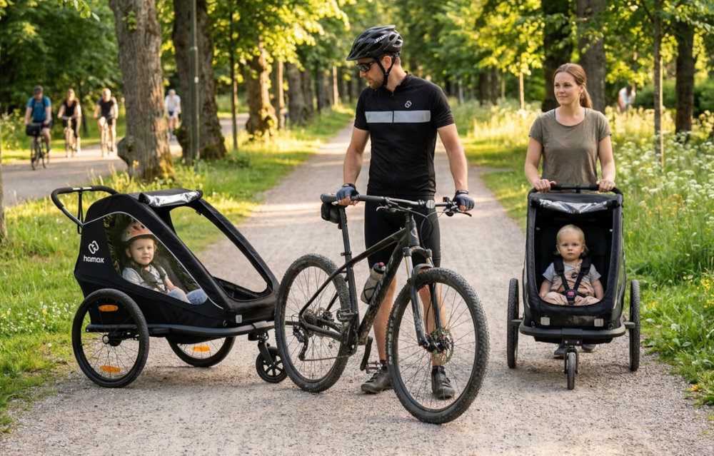 Przyczepka rowerowa HAMAX Traveller Twin Czarny park osoba stoi przy rowerze obraca się na dziecko siedzące w przyczepce obok druga osoba prowadzi przyczepkę jako wózek przed sobą dla dwojga dzieci miejsce na bagaż wózek spacerowy