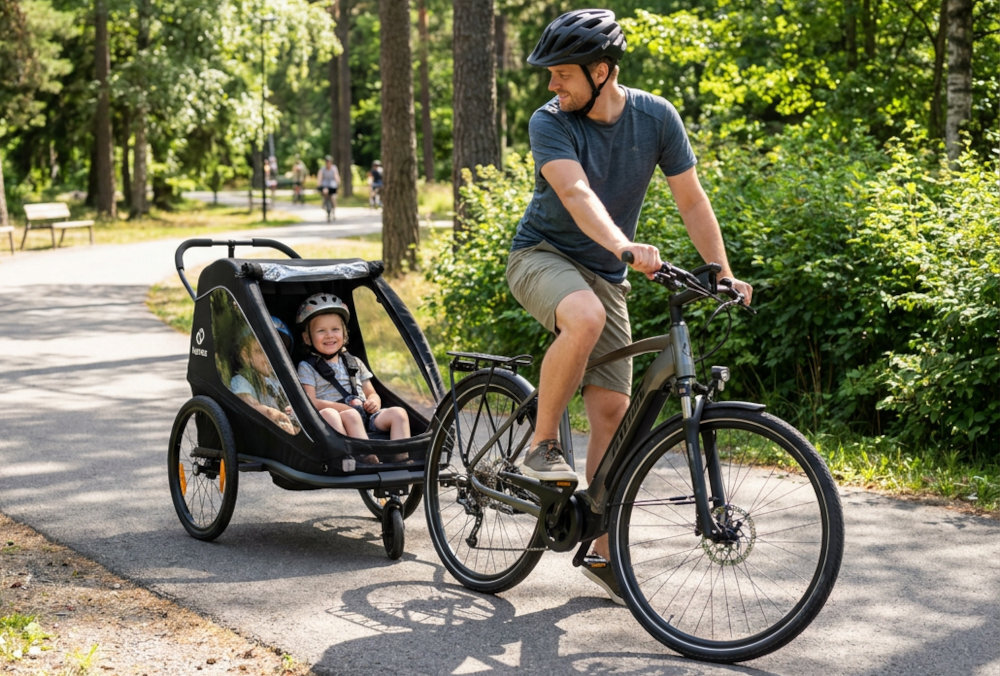 Przyczepka rowerowa HAMAX Traveller Twin Czarny osoba jedzie na rowerze przyczepka przymocowana do rwery w środku siedzą dzieci dwójki dzieci do 22 kg maksymalny wzrost pasażera to 117 cm do 47 kg Tylny schowek mieści do 5 kg bagażu