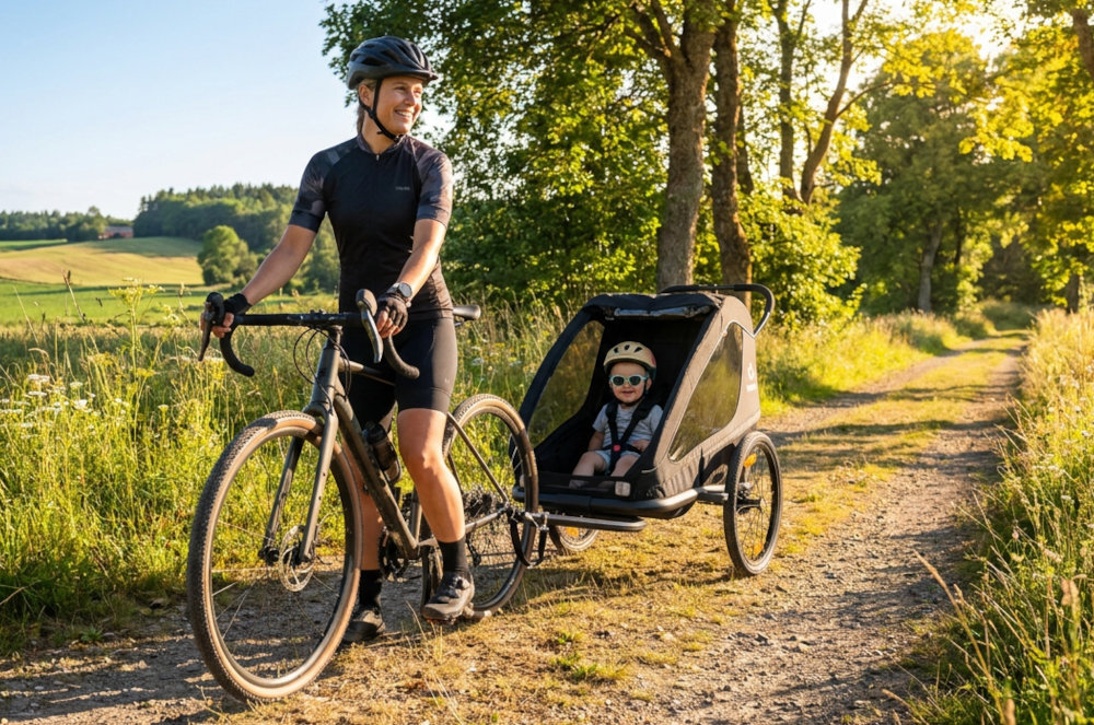 Przyczepka rowerowa HAMAX Traveller Twin Czarny osoba jedzie na rowerze przyczepka przymocowana do rwery w środku siedzą dzieci Duże 20-calowe koła płynne prowadzenie Odblaski z przodu, z tyłu i po bokach materiał odblaskowy na bokach i tylnej części konstrukcji Wygodne siedzenia