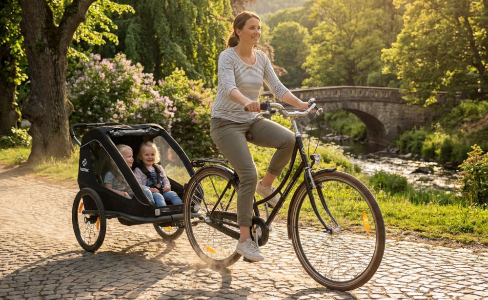 Przyczepka rowerowa HAMAX Traveller Twin Czarny park osoba jedzie na rowerze przyczepka przymocowana do rwery w środku siedzą dzieci Zintegrowana osłona przeciwsłoneczna Duże okna wpuszczają światło do wnętrza Górne okienko Połączenie osłony i przeszklonych powierzchni
