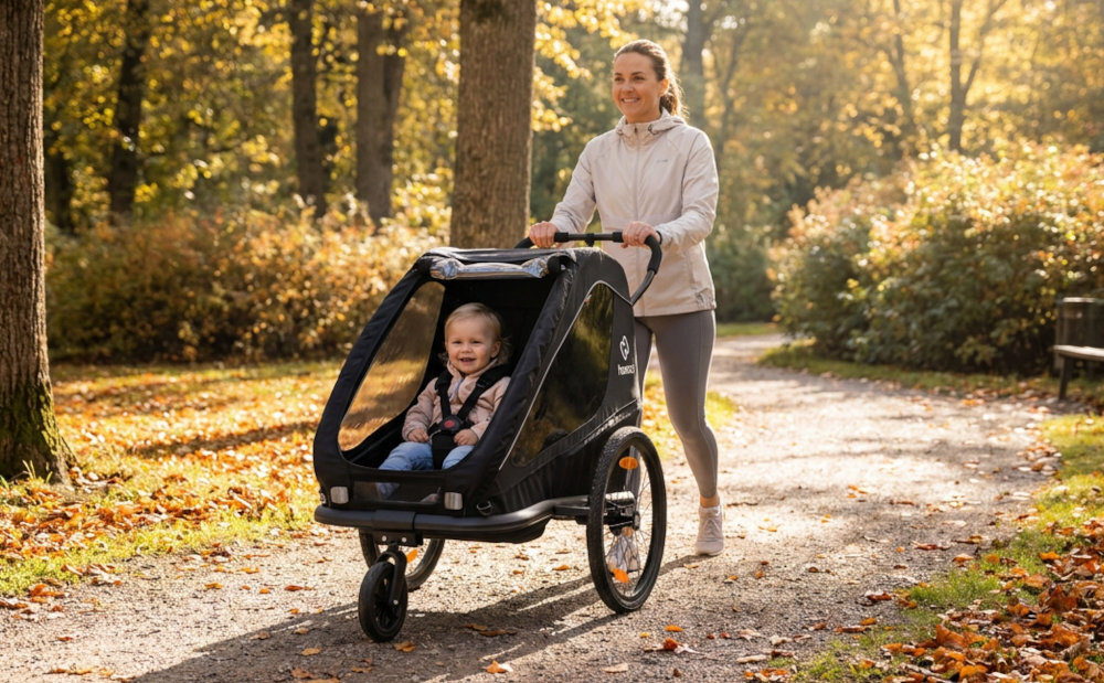 Przyczepka rowerowa HAMAX Traveller Twin Czarny park osoba spaceruje z przyczepką przyczepkę można zmienić w wózek spacerowy kołem spacerowym Regulowana rączka do pchania Nożny hamulec postojowy przyczepkę HAMAX Traveller Twin