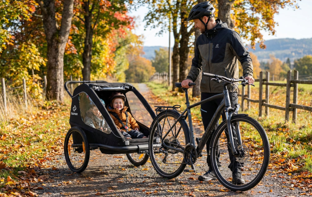 Przyczepka rowerowa HAMAX Traveller Twin Czarny droga osoba stoi przy rowerze obraca się w stronę dziecka siedzącego w przyczepce zatwierdzona zgodnie z normami EN 15918 i EN 1888 odblaski z przodu, z tyłu i po bokach materiał odblaskowy na bokach i tylnej części przyczepki do 24 km/h