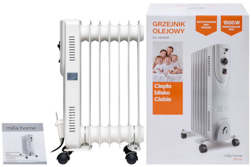 Grzejnik olejowy MILLA HOME OH702 1500W  MILLA HOME OH702 1500W Biały grzejnik olejowy z siedmioma żeberkami, z kółkami i stojący obok opakowania (kartonu) i instrukcji obsługi